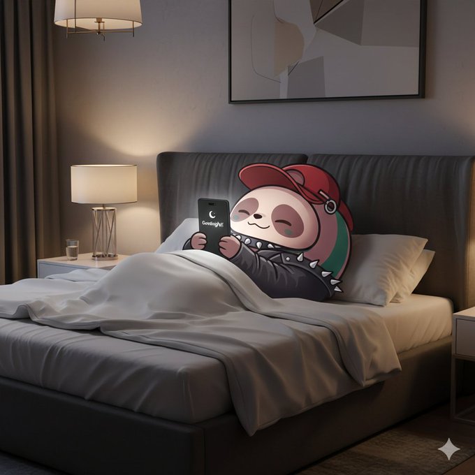 iced tea and a glass of water accompany a cartoon panda resting on a bed, with a lamp casting a warm glow and a painting above the bed.