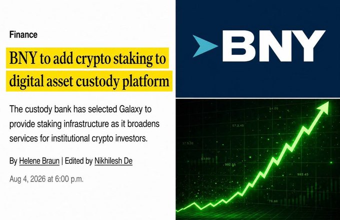 A news headline from August 2026 announces that BNY, the world's largest custodian bank managing $59 trillion in assets, will add crypto staking to its digital asset custody platform through a partnership with Galaxy Digital, with an accompanying graphic showing an upward-trending green market chart alongside the BNY logo.