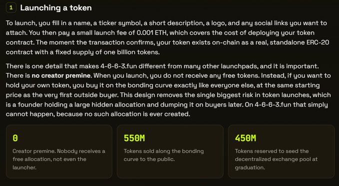 A document section titled '1 Launching a token' explaining the 4-6-6-3.fun launchpad's tokenomics, highlighting '0 Creator premine', '550M Tokens sold along the bonding curve', and '450M Tokens reserved to seed the decentralized exchange pool'.
