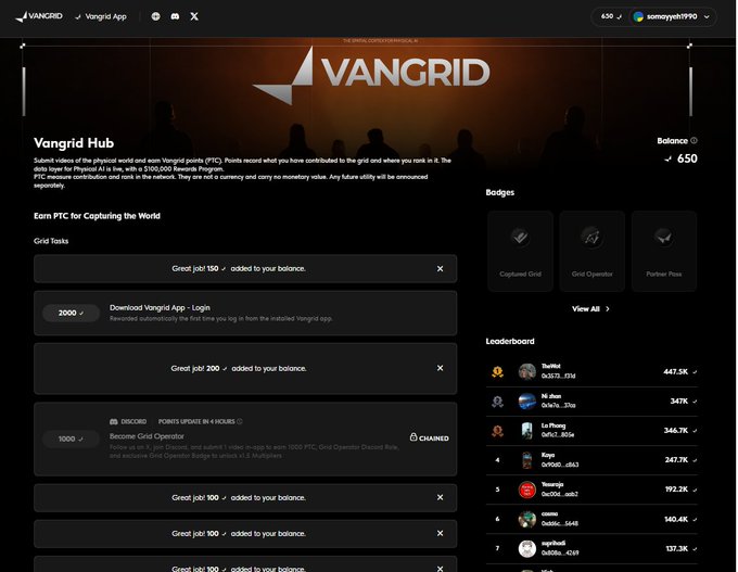 A screenshot of the Vangrid dashboard showing a 'Vangrid Hub' page with grid tasks, badges, and a leaderboard featuring user ranks and balances.