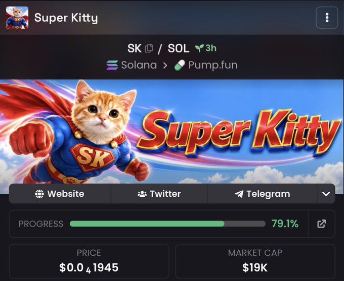 A cryptocurrency token page for 'Super Kitty' (SK/SOL) on the Solana network via Pump.fun, showing a price of $0.0...1945, market cap of $19K, and 79.1% progress on its bonding curve.