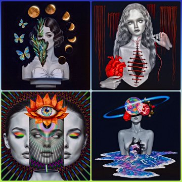 A 2x2 grid of four surreal digital art pieces featured on the Tezos-based NFT marketplace objkt.com, showcasing women adorned with cosmic, anatomical, floral, and aquatic motifs in vibrant neon and dark tones. The collage promotes the artist's profile at objkt.com/users/tz1eu4dU, highlighting the variety of artworks available for purchase.