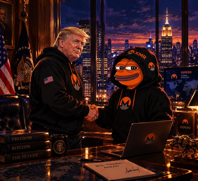A digital illustration shows Trump in a black Monero (XMR) hoodie shaking hands with a cartoon Pepe the Frog mascot, with Monero branding visible on a laptop, sign, and surrounding items.