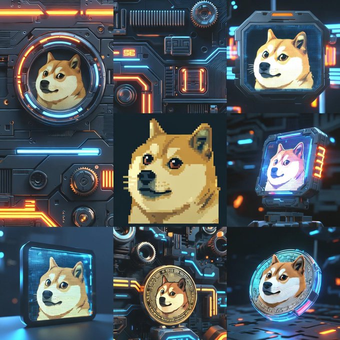 The image features a collage of various elements, including a cartoon dog with a yellow face, a computer screen, and a Dogecoin logo. The collage also includes a clock and a robot head. The main focus of the image is on the Dogecoin logo, which is prominently displayed in the center.