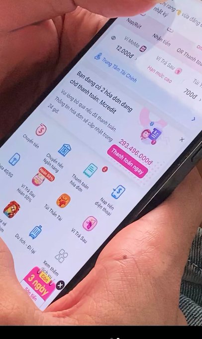 A person holds a smartphone displaying the MoMo digital wallet app in Vietnamese, with text indicating two pending orders of 12,000đ and showing balances including 293,496,000đ.