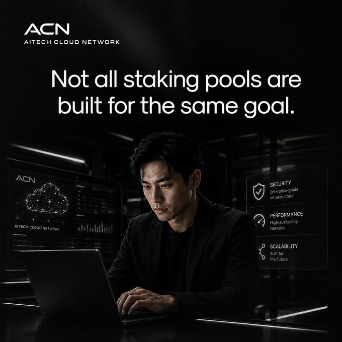 A focused tech professional works at a laptop in a dimly lit data center, with ACN (AiTech Cloud Network) branding and feature callouts highlighting Security, Performance, and Scalability, reinforcing the post's message that not all staking pools serve the same purpose.