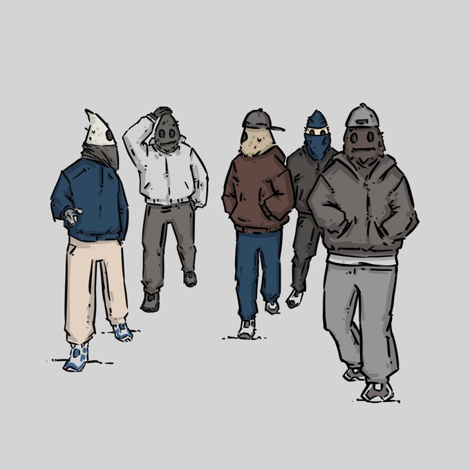 The image features five people standing together against a gray background. They are all wearing hoodies and hats, giving them a distinctive appearance. The group of individuals appears to be posing for a drawing or illustration, as they are depicted in a cartoon style with exaggerated facial features and clothing.