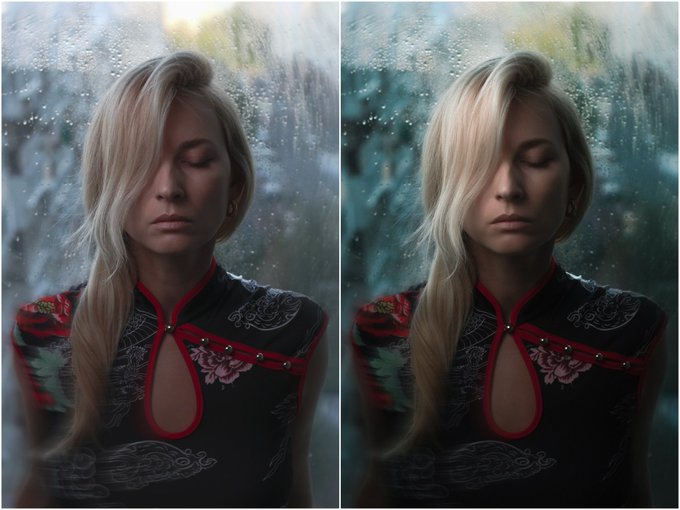 Two nearly identical portraits of a blonde woman with closed eyes wearing a black and red floral dress, viewed through a rain-streaked window.