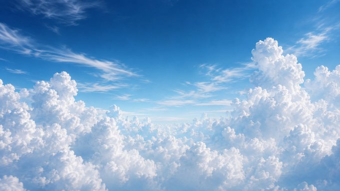 A serene aerial view above white fluffy clouds under a bright blue sky with scattered wispy clouds.