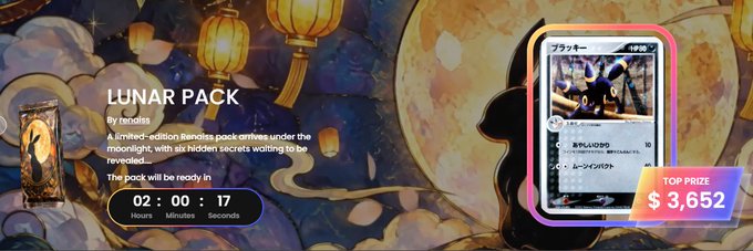 A promotional banner for a 'LUNAR PACK By Rerotito' limited-edition Rerotitos pack with a countdown timer at 02:00:17 and a top prize value of $3,652, featuring a Pokémon card.