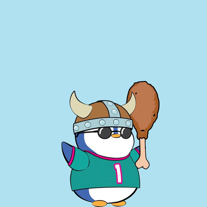 A cartoon penguin wearing a Viking horned helmet, sunglasses, and a teal jersey with the number "1" holds up a large fried chicken drumstick against a light blue background, complementing the playful "gm 𝕏rz" greeting with a fun, meme-like vibe.