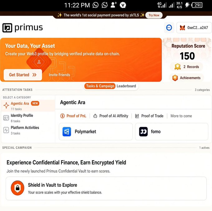 A screenshot of the Primus platform showing a Web3 reputation dashboard with a score of 150, categories including 'Agentic Ara', 'Identity Profile', and 'Platform Activities', and a campaign banner for 'zkTLS'.
