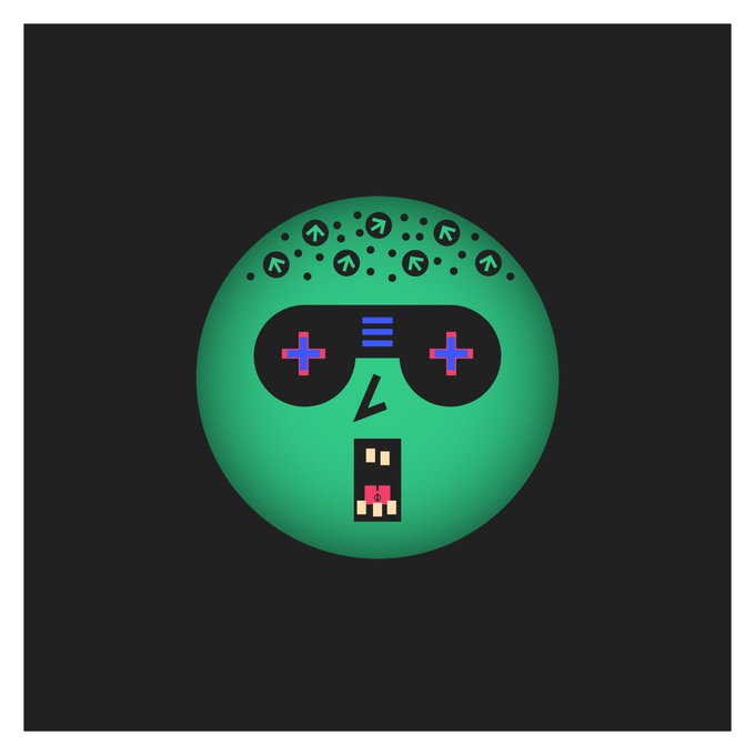 A stylized green skull-like face on a dark background with gaming controller D-pad buttons as eyes, directional arrow symbols on the forehead, and pixelated teeth.