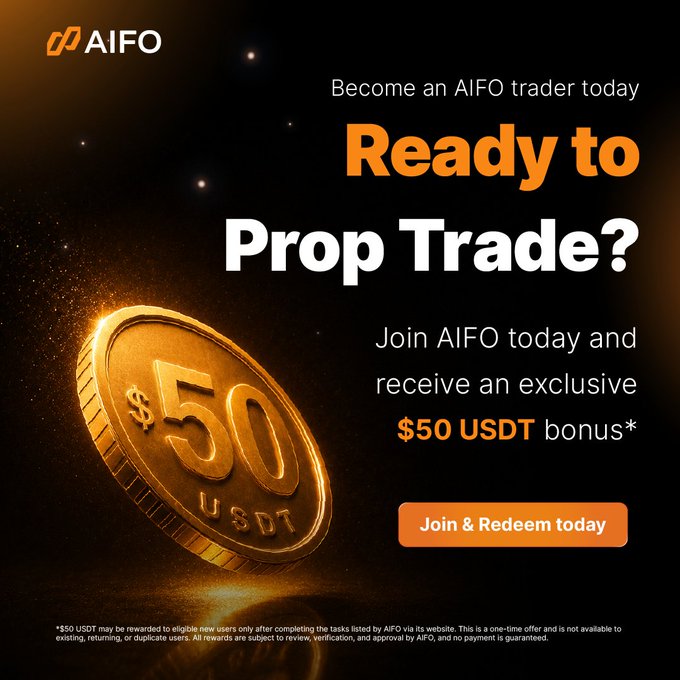 The image features a gold coin, which has been used as an advertisement for joining the AIFO trading platform. The coin is worth $50 and can be used to receive up to $50 USDT bonus. The text of the image encourages users to join the platform and claim their first $50 bonus by participating in the AIFO trading system.