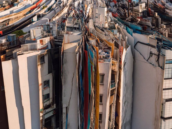 A surreal architectural rendering shows a fragmented cityscape with cracked, twisting high-rise buildings and torn facades exposing colorful interiors, embodying Kevin Abosch's "Ethical Architecture" (2026) as a visual metaphor for societal structures breaking under ethical strain.