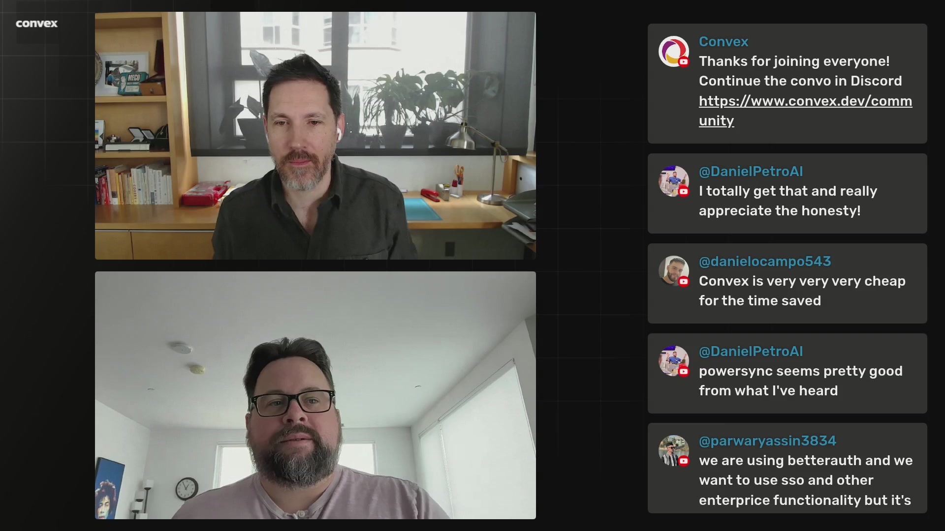 The image shows a computer screen displaying two men having a video call, both wearing glasses. They are looking at each other through their respective screens, which appear to be part of an online meeting or discussion. The background features a window with blinds, suggesting that they might be in a room with natural light and privacy. The post caption reads: "Realtime Real Talk AMA with Convex Founders Jamie and James".