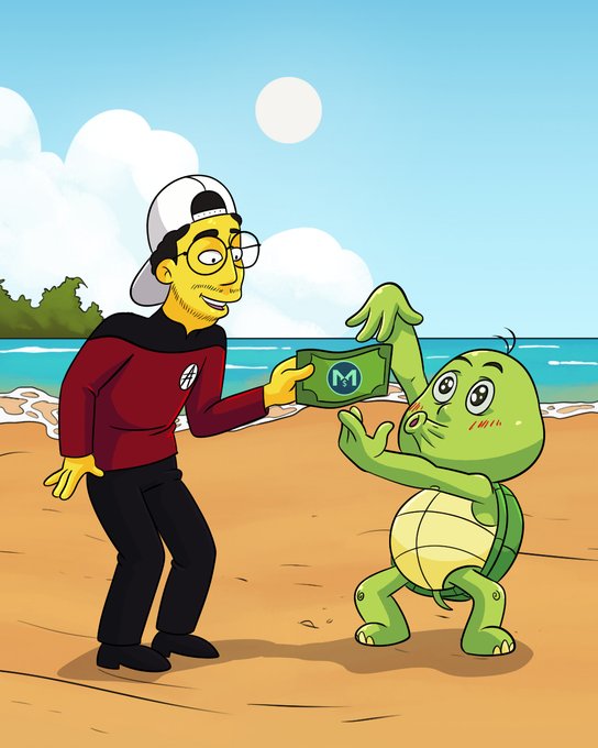A Simpsons-style cartoon showing a bearded man in a cap and maroon shirt handing a green banknote with an 'M' symbol to a green turtle-meme character on a beach.
