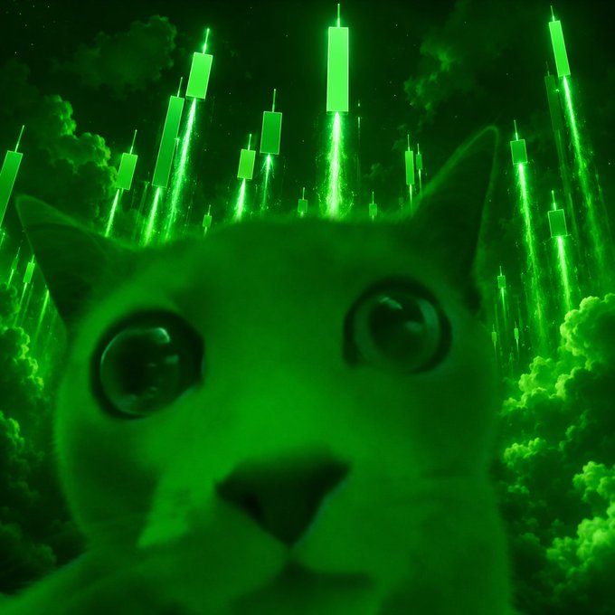 A close-up of a wide-eyed cat bathed in green light as glowing cryptocurrency-style candlestick chart lines rocket upward in the background, visually amplifying the post's message that the crypto market is about to pump.