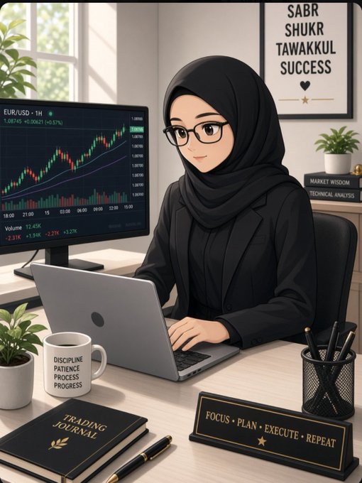 An illustrated woman in a hijab works at a desk with a laptop, displaying a EUR/USD chart, a 'TRADING JOURNAL', and inspirational signs reading 'SABR SHUKR TAWAKKUL SUCCESS' and 'DISCIPLINE PATIENCE PROCESS PROGRESS'.