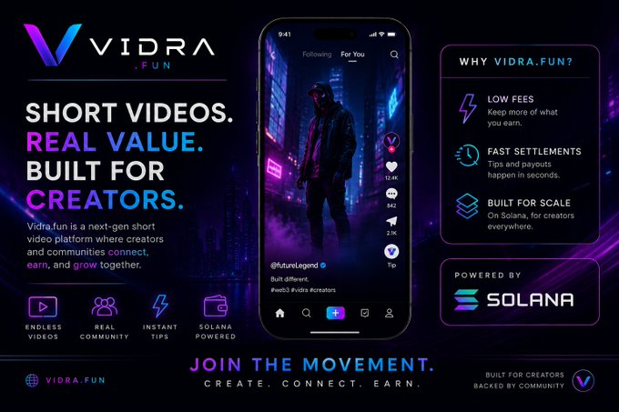 A promotional banner for Vidra.fun, a next-gen short video platform on Solana featuring low fees, fast settlements, and creator-focused features with neon purple and blue styling.