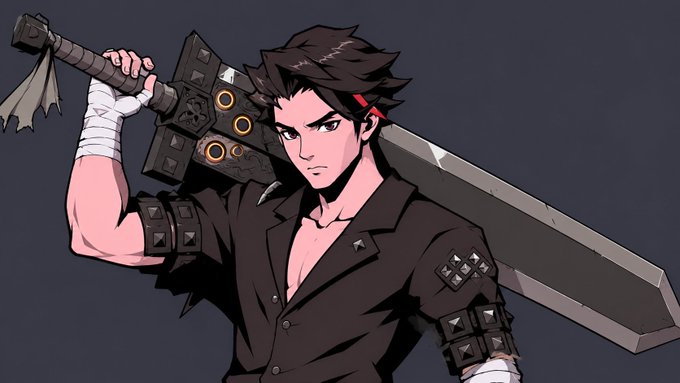 An illustration of a serious dark-haired man in a black shirt with bandaged arms and studded bracers, holding a large, ornate black sword over his shoulder.