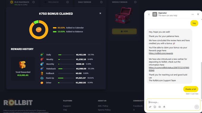 A screenshot from the Rollbit platform showing a $750 bonus claimed with a reward history totaling 13,081.81, alongside a chat window where support confirms a bonus credit and provides a deposit address for depositing to Rollbit.