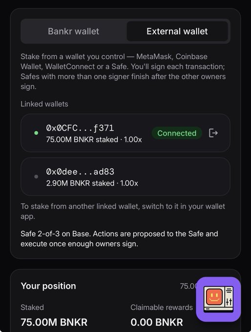 A digital wallet interface showing Bankr wallet and External wallet options, with linked wallets displaying 75.00M BNKR and 2.90M BNKR staked amounts, indicating a Safe 2-of-3 on Base configuration.
