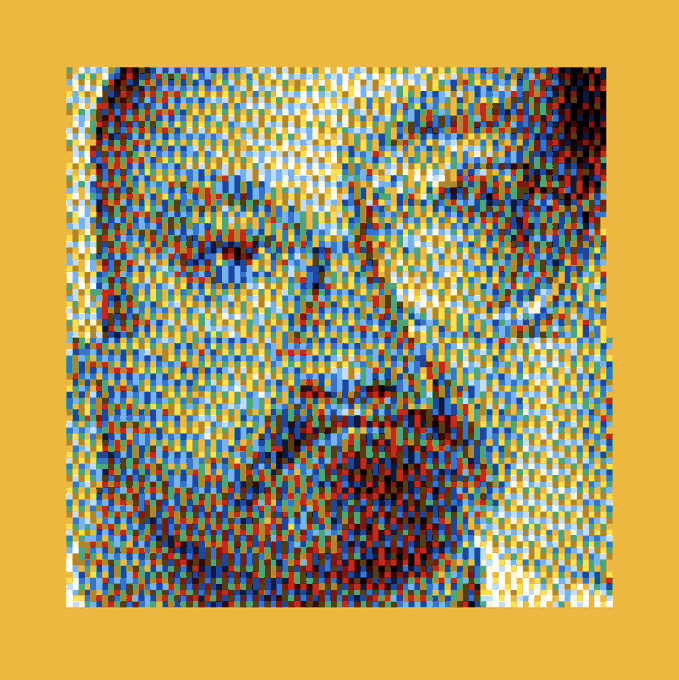 A pixelated pointillist-style portrait of a person, created from small colored squares on a tan background.