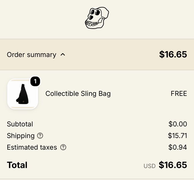 An order summary showing a free Collectible Sling Bag with $15.71 shipping, $0.94 taxes, and a total of $16.65 USD, featuring a small skull logo.