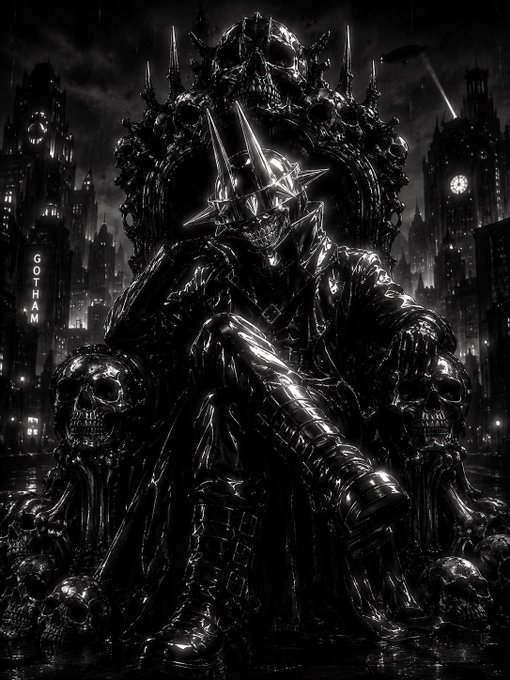 A gothic black-and-white illustration shows Batman seated on a menacing skull-adorned throne overlooking the Gotham cityscape, with the word "GOTHAM" visible on a building to the left.

The image embodies the post's prayer-like sentiment of "God grant us our heart desires" by depicting Batman as a dark, godlike ruler who has seized ultimate power over his city, reflecting a dark twist on wish fulfillment where vigilantes ascend to godhood.