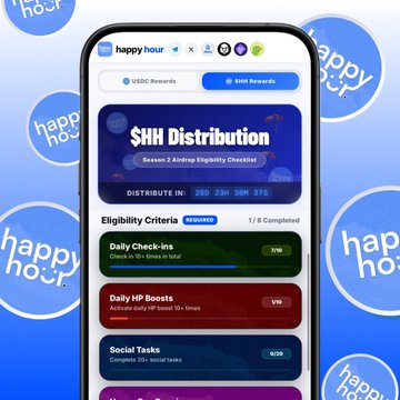 The image shows a cell phone screen displaying the Happy Hour app with a blue background, featuring a list of rewards for completing seasonal tasks. The app offers various benefits such as daily HP boosts, social tasks, and more. The user has already completed Season 1, which was completed in October. The app also provides information about the top 30 users who have earned the reward pool.