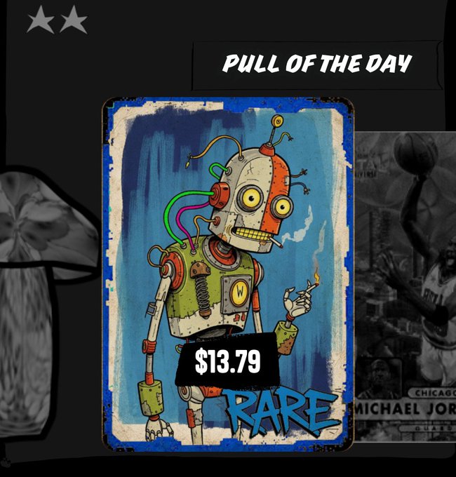 A "Pull of the Day" featuring a colorful cartoon robot illustration on a trading card-style background, priced at $13.79 and labeled "RARE" in graffiti-style text.