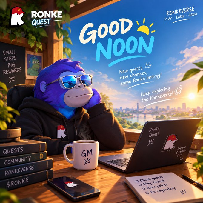 A promotional graphic for 'RONKE QUEST' by Ronkeverse featuring a blue gorilla mascot with sunglasses at a desk with a laptop, books, and a coffee mug, with text 'Good Noon' and 'Play. Earn. Grow.'