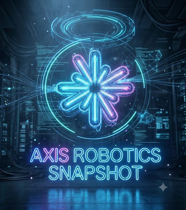 A futuristic neon-lit promotional graphic for 'AXIS ROBOTICS SNAPSHOT' featuring a glowing cyan and magenta snowflake/atom emblem in a sci-fi server room setting.
