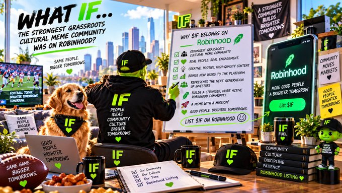 A promotional image featuring the text "WHAT IF" and "THE STRONGEST GRASSROOTS CULTURAL MEME COMMUNITY WAS ON ROBINHOOD?" with a person in a black "IF" hoodie, a golden retriever wearing an "IF" bandana, and various merchandise like a phone displaying the "Robinhood" logo.