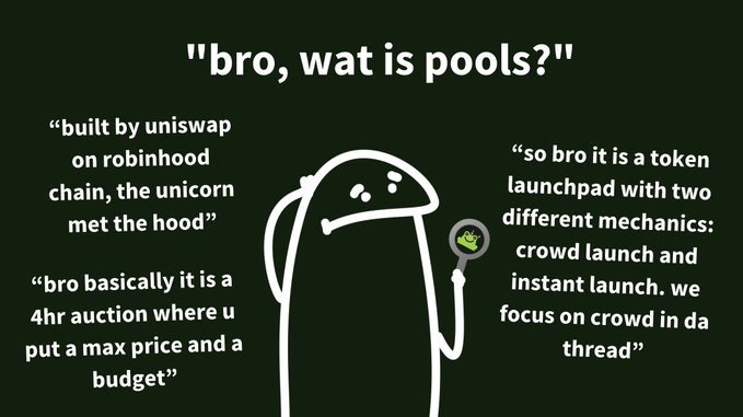A cartoon image features a sad-looking hooded character holding a magnifying glass, set against a dark green background. Surrounding the character are speech bubbles explaining "pools," describing it as a token launchpad built by Uniswap on Robinhood chain with crowd launch and instant launch mechanics, including a 4-hour auction where users set a max price and budget.