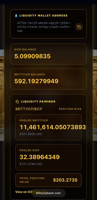 A screenshot of a cryptocurrency wallet interface showing a liquidity wallet address, $ICP and $BITTYICP balances, and a liquidity pairing position valued at $203.2735, with a link to bittyicpbank.com.