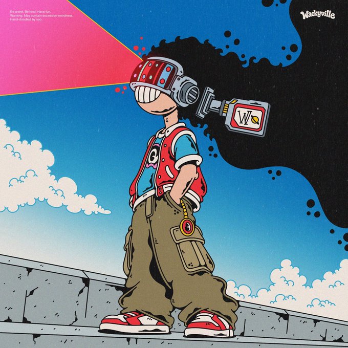 An illustration shows a character with a large toothy grin, wearing a VR headset, red vest, and baggy pants, projecting a pink light beam. Text reads 'Be weird. Be kind. Have fun. Warning: May contain excessive weirdness. Have decided to join.' and 'Wackyville'.
