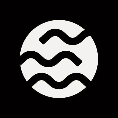 A minimalist black and white logo featuring a circular emblem containing stylized wavy lines, resembling a water or wave symbol.