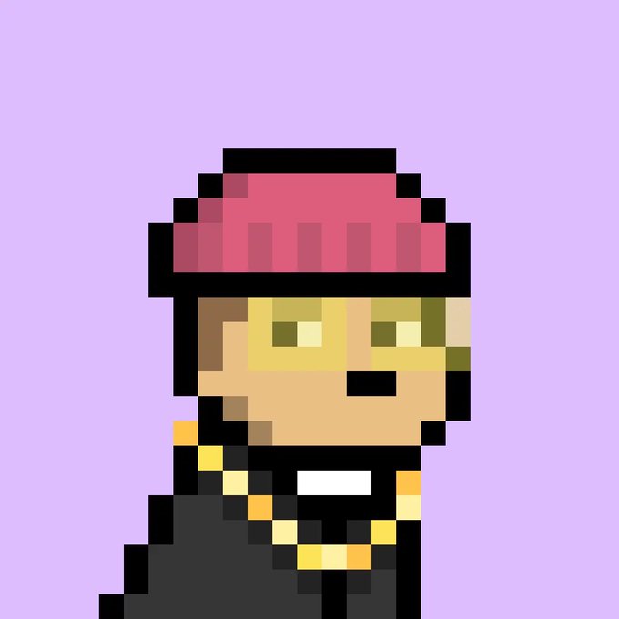 A pixel art character with a pink beanie, yellow sunglasses, and a black outfit set against a light purple background.