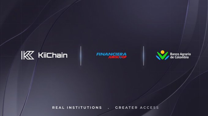 A promotional graphic displays the logos for 'KiiChain', 'FINANCIERA JURISCOOP', and 'Banco Agrario de Colombia' with the tagline 'REAL INSTITUTIONS . GREATER ACCESS' underneath.