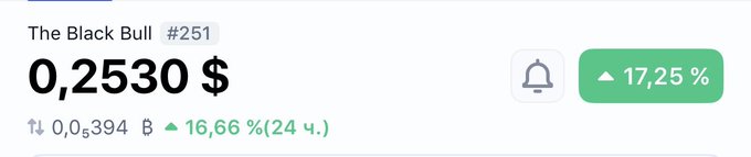 A crypto price tracker screenshot showing 'The Black Bull' token (#251) at 0.2530 USD, up 17.25%, with a 24-hour change of +16.66% and volume of 0.25394 B.