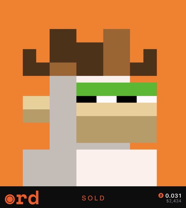 A pixel art character resembling a cowboy with a brown hat, green bandana, and orange background, displayed on what appears to be an Ordinals marketplace with the text 'ord', 'SOLD', and '0.031 / $2,434'.