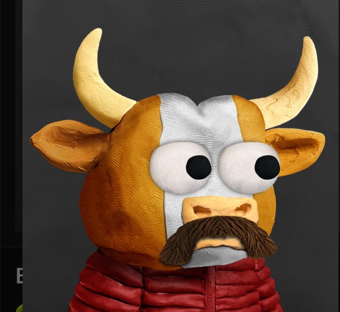 A 3D claymation-style PFP of a cow character with prominent horns, large expressive eyes, and a brown mustache, set against a dark background. The whimsical bovine figure matches the post's theme of a new profile picture, while the "Blue check approved" caption humorously comments on the character's distinguished appearance.