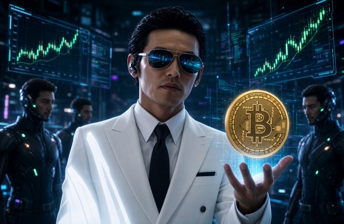 A man in a white suit and sunglasses holds a glowing Bitcoin coin, with stock charts and other figures in a futuristic setting.