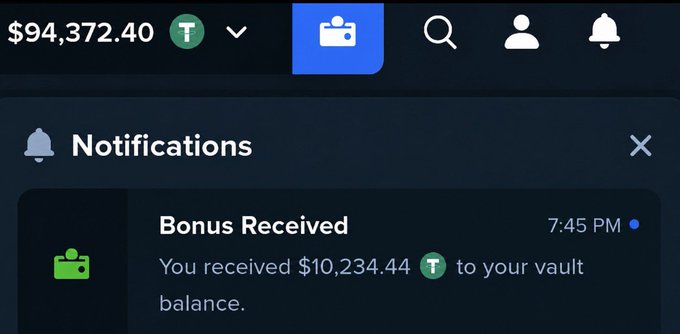 The screenshot shows a notifications panel with a balance of $94,372.40 and a "Bonus Received" alert stating $10,234.44 was added to the vault. This image supports the post's "Last chance to join" call-to-action by showcasing a substantial earnings payout to entice potential participants.