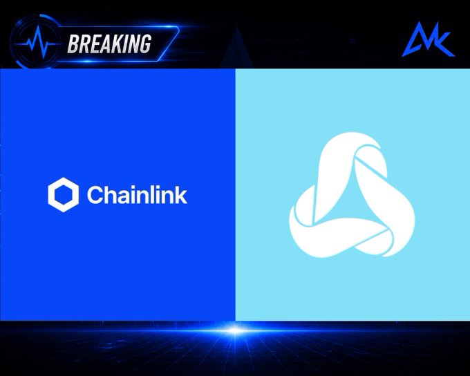 Breaking news graphic with the MK logo showing the Chainlink logo and symbol alongside another blockchain project's tri-knot logo on a blue split-screen background.