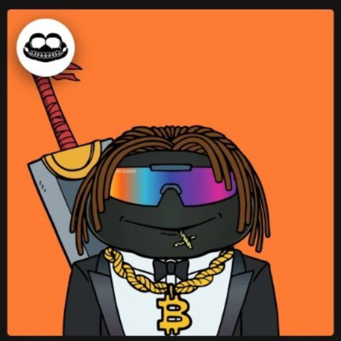 A cartoon avatar with dreadlocks, rainbow visor sunglasses, a gold chain, and a Bitcoin pendant stands next to a sword with a smiley face handle against an orange background.