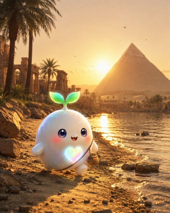 A 3D-rendered cute white character with green leaves on its head and a glowing heart on its chest stands on a beach at sunset, with a large pyramid in the background.