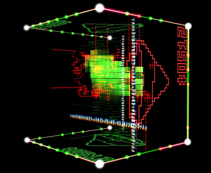 A vibrant 3D wireframe cube with colorful patterns and glowing green/red nodes floats against a black background, with the text "PLSP#210510512" visible along the right edge.